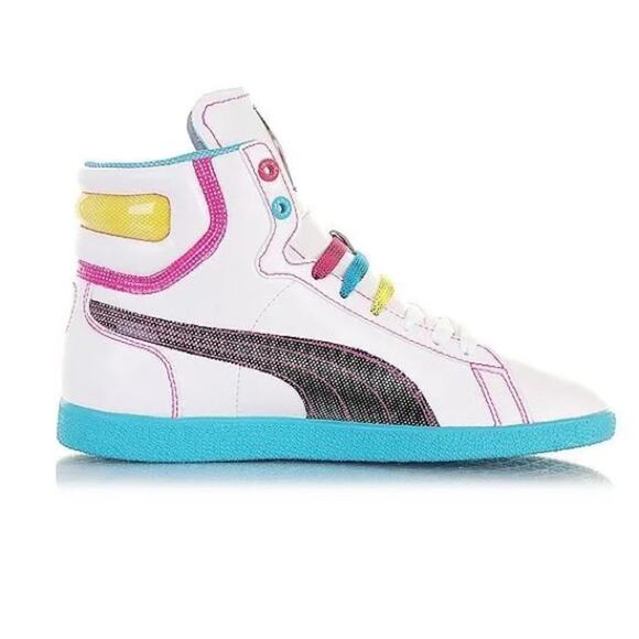 Puma Women's High Top Sneakers White Leather Trainers Neon 8.5 Y2K - Picture 3 of 10